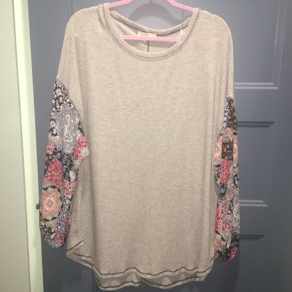 Hummingbird ~ Waffle Knit Top w/ patchwork sleeves